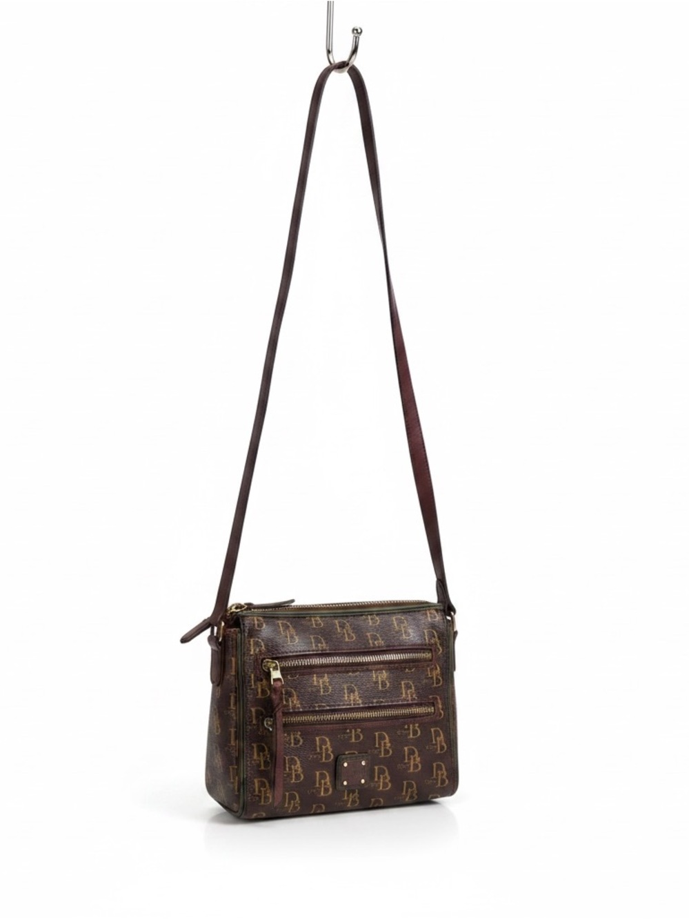 Dooney & Bourke Signature DB Monogram Crossbody Bag Brown Leather Trim